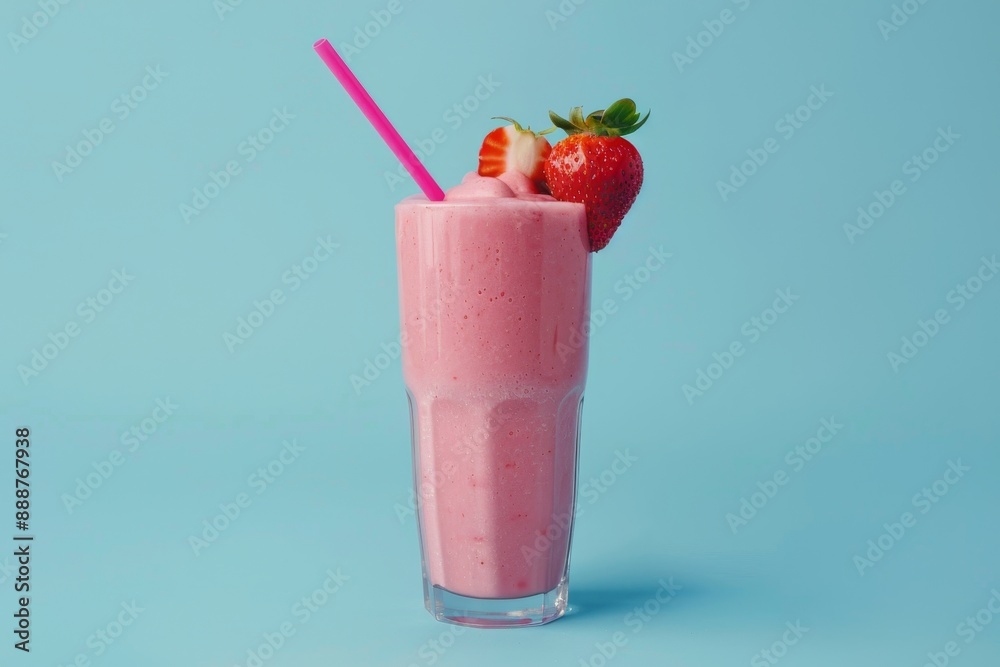 Strawberry smoothie in tall glass on light blue background Strawberry smoothie in tall glass on light blue background
