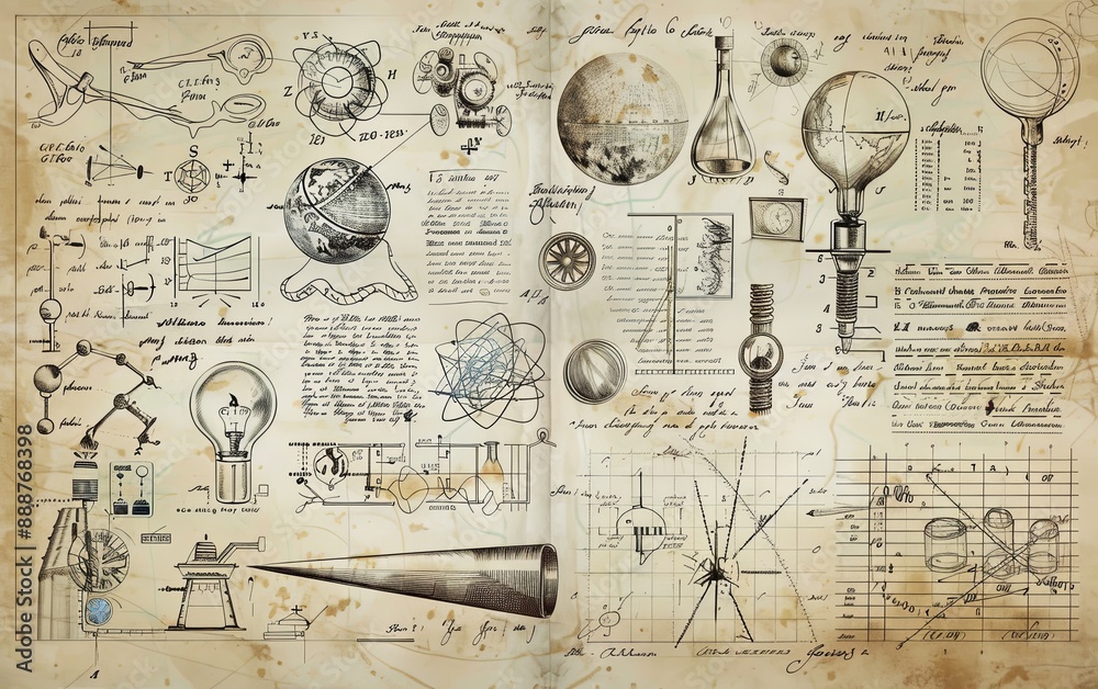 Obraz premium engraved hand drawn in old sketch and vintage style. scientific formulas and calculations in physics and mathematics, chemistry and biology or astronomy on whiteboard. Education and Science.