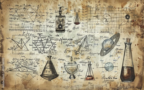 engraved hand drawn in old sketch and vintage style. scientific formulas and calculations in physics and mathematics, chemistry and biology or astronomy on whiteboard. Education and Science.