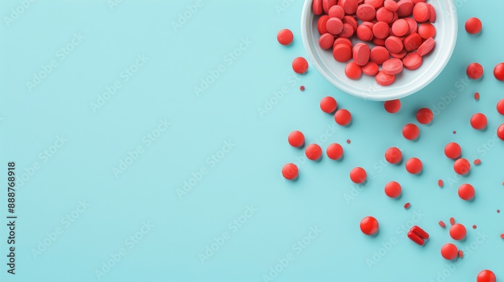 Red pills arranged on table with space medical items Top view Red pills arranged on table with space medical items Top view