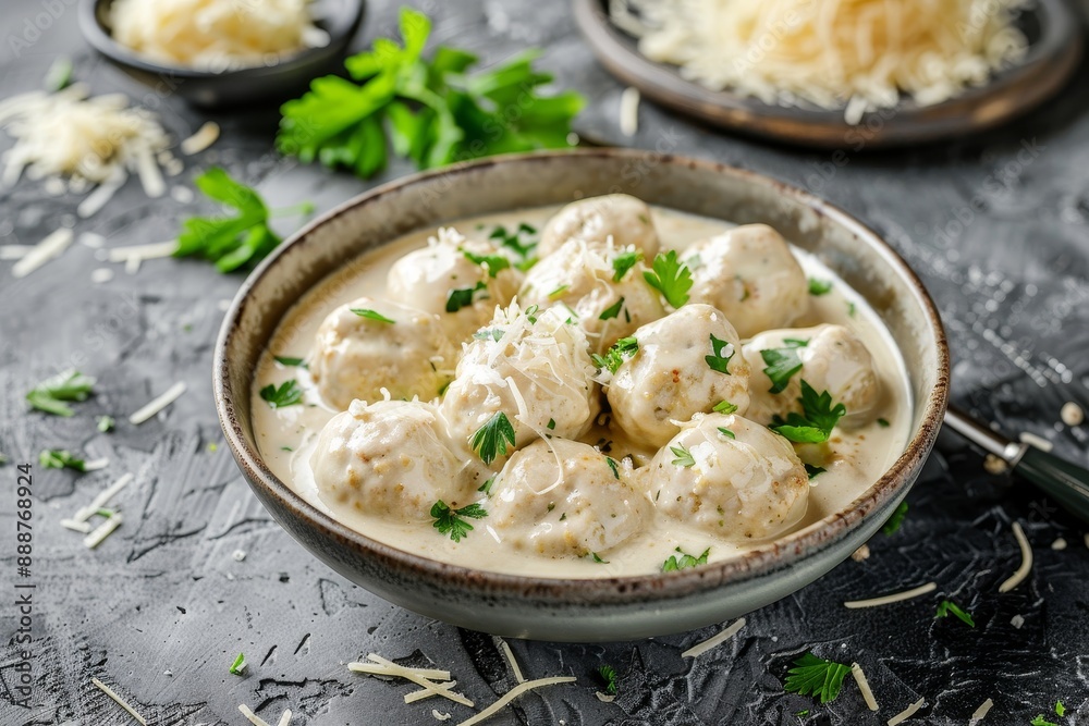 Swedish style chicken meatballs with creamy sauce parmesan and parsley homemade on a grey stone table Swedish style chicken meatballs with creamy sauce parmesan and parsley homemade on a grey stone table
