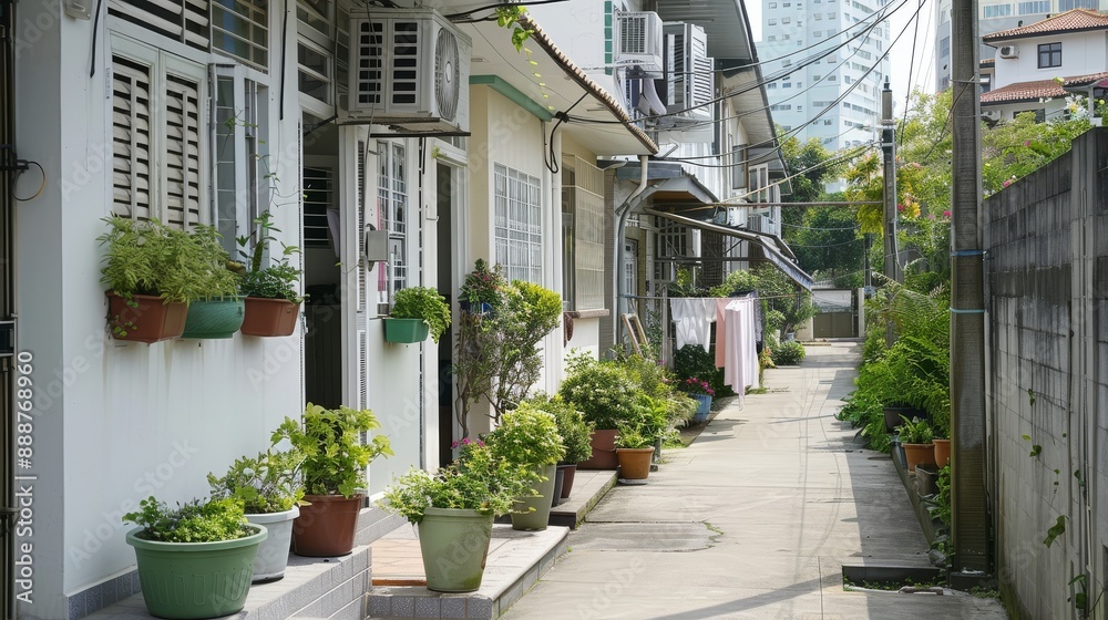 A vibrant Asian street scene bustling with life, featuring colorful shophouses with traditional architecture lining a narrow alleyway. Lush greenery spills out from overflowing window boxes, and A vibrant Asian street scene bustling with life, featuring colorful shophouses with traditional architecture lining a narrow alleyway. Lush greenery spills out from overflowing window boxes, and