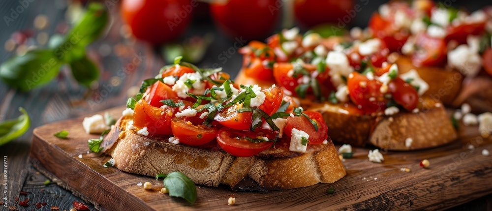 Tasty bruschetta with roasted tomatoes feta cheese and herbs on wooden board Tasty bruschetta with roasted tomatoes feta cheese and herbs on wooden board