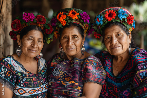 Three indigenous women in vibrant traditional attire facing the camera, showcasing cultural heritage and intricate embroidery. Concept International Day of Indigenous Women photo