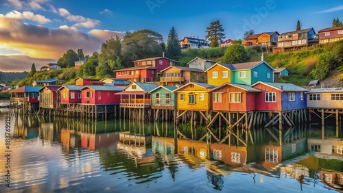 Houses on stilts (palafitos) in Castro, Chiloe Island, Patagonia photo