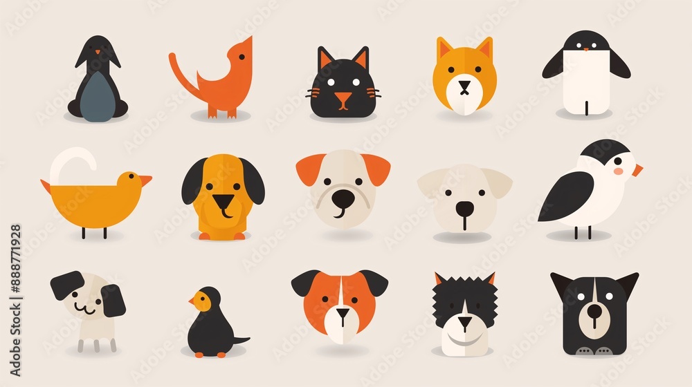 Naklejka premium Modern, flat design animal icons of cats, dogs, and birds with bold lines and bright colors