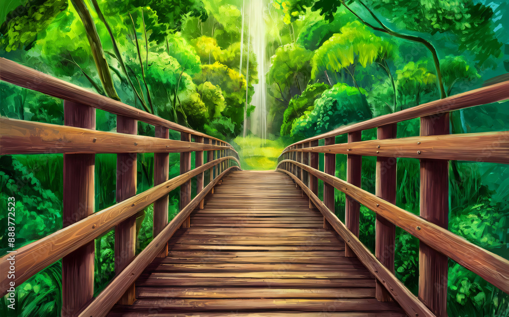A flat Wooden bridge, graphic art Illustration, cartoon background A flat Wooden bridge, graphic art Illustration, cartoon background