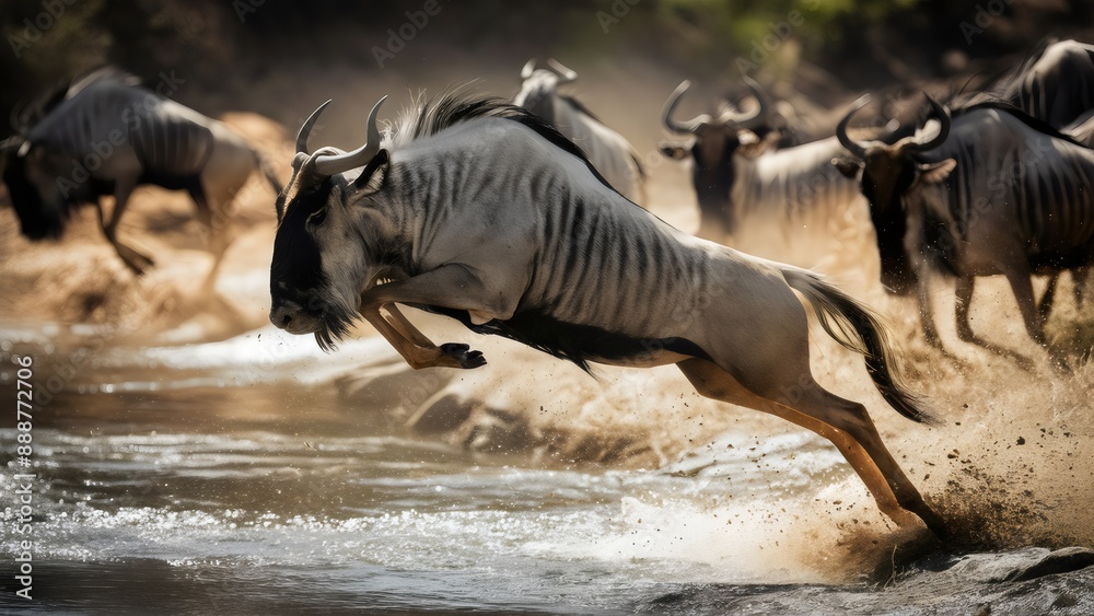 The Power and Drama: A Wildebeest's Leap Over the River The Power and Drama: A Wildebeest's Leap Over the River