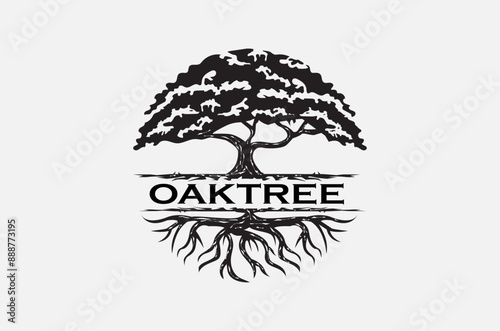Vintage Retro Oak Tree Logo Design Black and White with Roots for Nature Branding Oak Tree vector logo design template stock illustration, Vector
