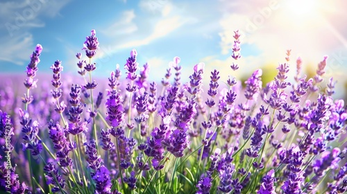 Blooming lavender field under blue sky