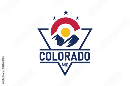 Colorado Logo with Mountain and Sun and Iconic with Stars Triangle Label Design Outdoor Landscape Logo