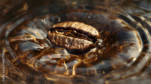 A coffee bean is floating in a cup of coffee