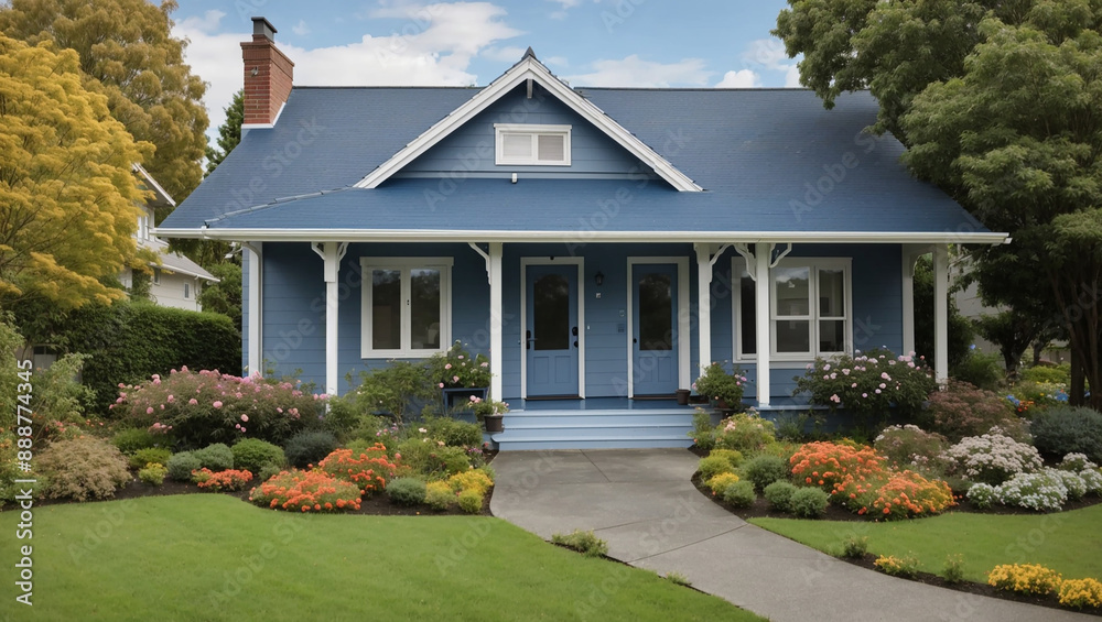 a small, blue house with a brown door, a lawn, and a walkway. There are bushes and flowers in front of the house. a small, blue house with a brown door, a lawn, and a walkway. There are bushes and flowers in front of the house.