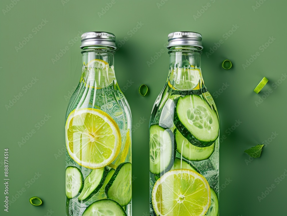 High Resolution Minimalistic Close-up of Two Glass Water Bottles with Cucumber and Lemon Slices on Pastel Green Background, Perfect for Health and Wellness Concepts, Studio Shot with Soft Shadows High Resolution Minimalistic Close-up of Two Glass Water Bottles with Cucumber and Lemon Slices on Pastel Green Background, Perfect for Health and Wellness Concepts, Studio Shot with Soft Shadows