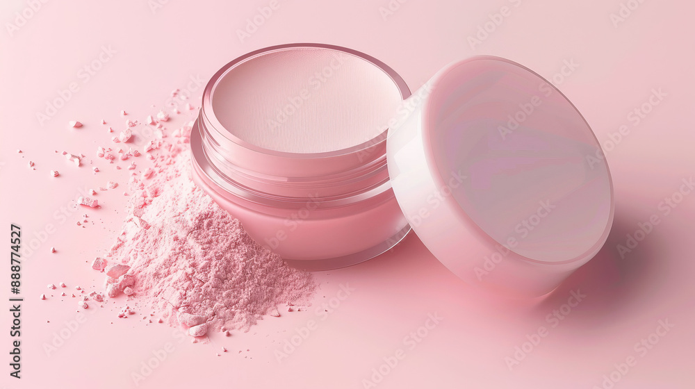 A box of loose powder with the lid round clamshell boxlight anocompact,light pink background full body and copy space A box of loose powder with the lid round clamshell boxlight anocompact,light pink background full body and copy space