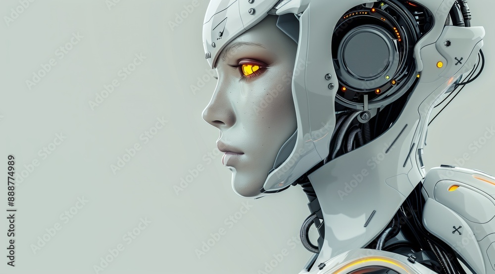 Profile of Futuristic Female Robot with Glowing Eyes in Minimalist Style Profile of Futuristic Female Robot with Glowing Eyes in Minimalist Style