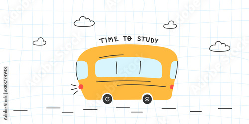 Time to study banner with funny yellow school bus