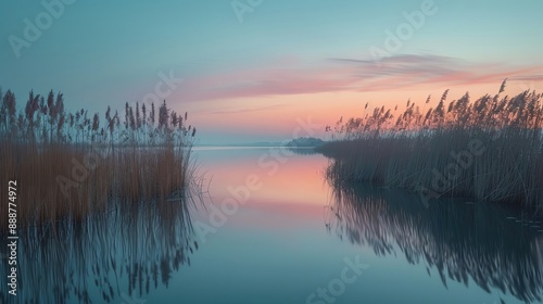 A serene wetland at twilight with reflections of tall reeds and a pastel sky, peaceful nature landscape