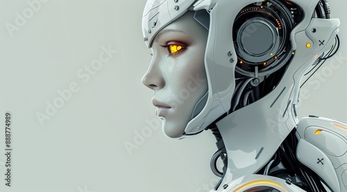 Profile of Futuristic Female Robot with Glowing Eyes in Minimalist Style © Umut