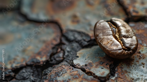 A coffee bean is sitting on a piece of burlap