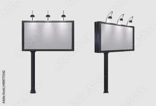 Outdoor street big billboard mockup with white empty screen and lamp light. Realistic vector 3d illustration set of front and side view on urban blank horizontal commercial lightbox template.