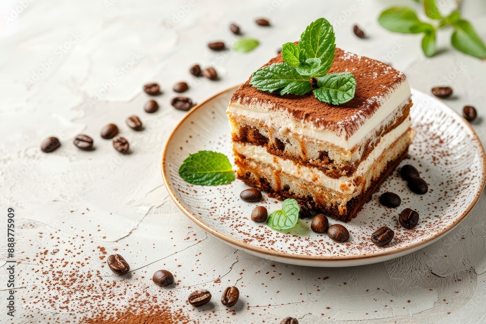 Tasty Tiramisu cake with coffee beans and mint on a plate with a light background