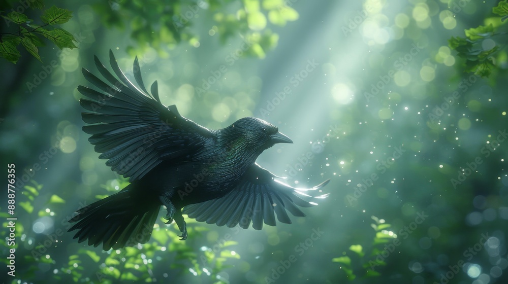 Obraz premium Black bird in enchanted forest - generative ai