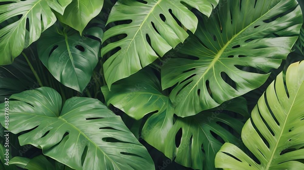 Obraz premium Tropical green leaves against a sunny background create a minimalist summer theme with a frame perfect for copying space images.