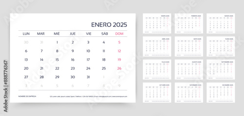 2025 Spanish calendar. Calender layout. Planner template with 12 month. Week starts Monday. Table schedule grid. Yearly stationery organizer. Horizontal monthly desk diary. Vector simple illustration