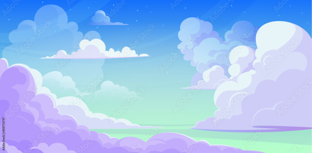 Naklejka premium Anime style sky with clouds. Vector cartoon illustration of sunny morning skyline with beautiful cloudscape, heavenly background, fresh air, natural beauty, fantasy dream backdrop with color gradient