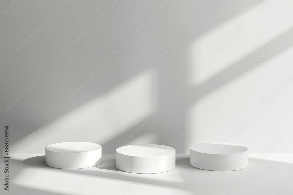 Three white round cosmetic pedestals for mockup presentation on white background suitable for showcasing products gifts goods advertising design sale and text in Three white round cosmetic pedestals for mockup presentation on white background suitable for showcasing products gifts goods advertising design sale and text in