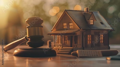 A gavel next to a model house symbolizing legal issues related to property and construction. Housing-related hammer and real estate auction. photo