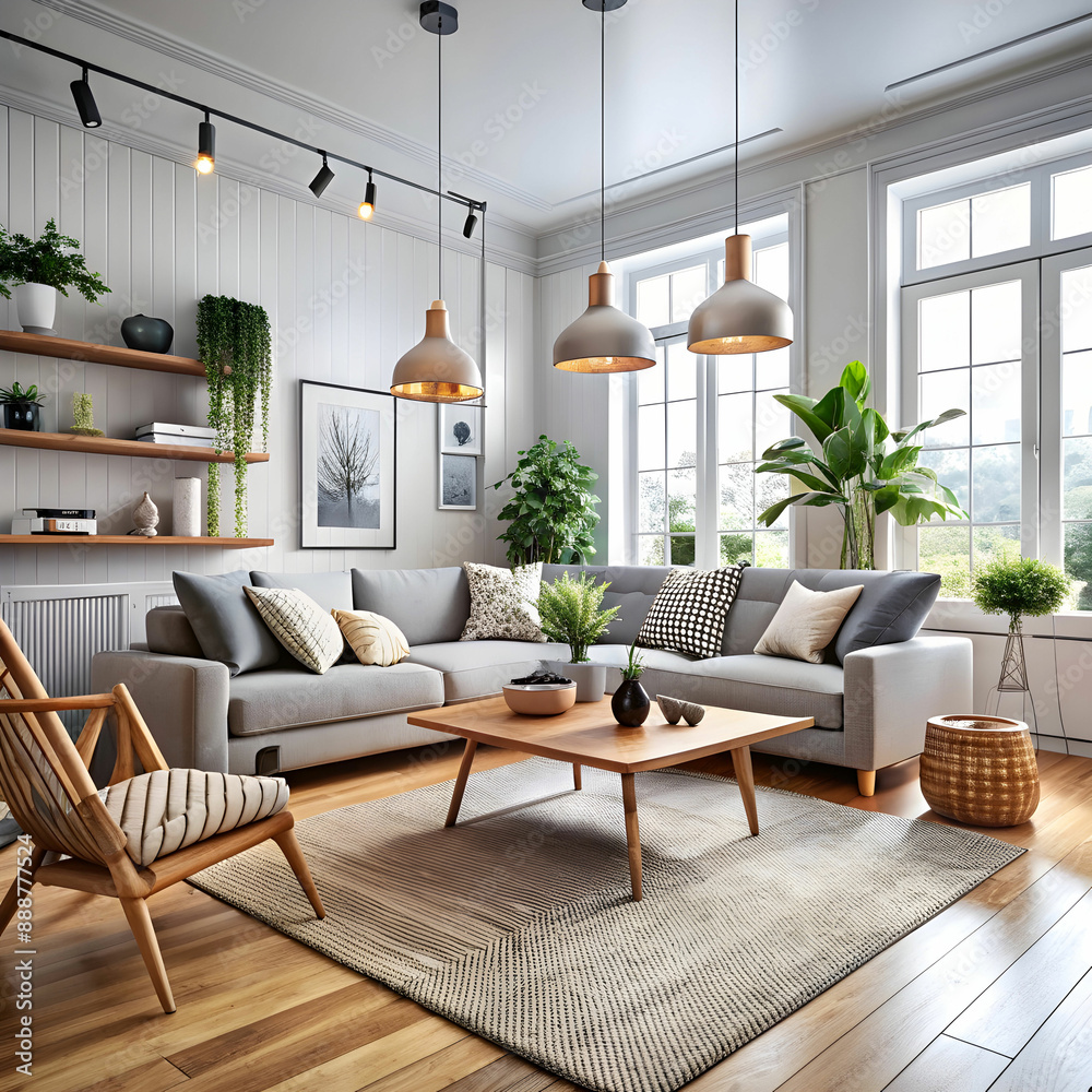 Fototapeta premium A living room with a couch coffee table and a window