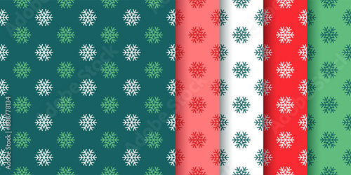 Backgrounds with snowflakes. Christmas seamless pattern. Set Xmas red green prints. New year holiday textures. Festive wrapping papers. Geometric backdrop in flat design. Vector illustration