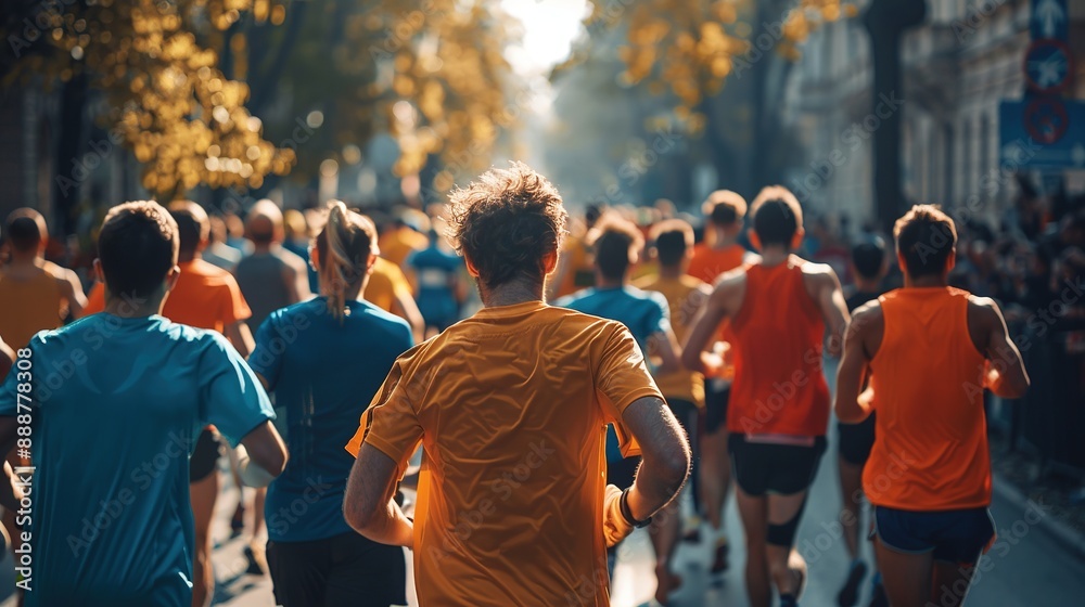 A large group of runners in colorful attire participating in a marathon, running through a sunlit urban street. A large group of runners in colorful attire participating in a marathon, running through a sunlit urban street.