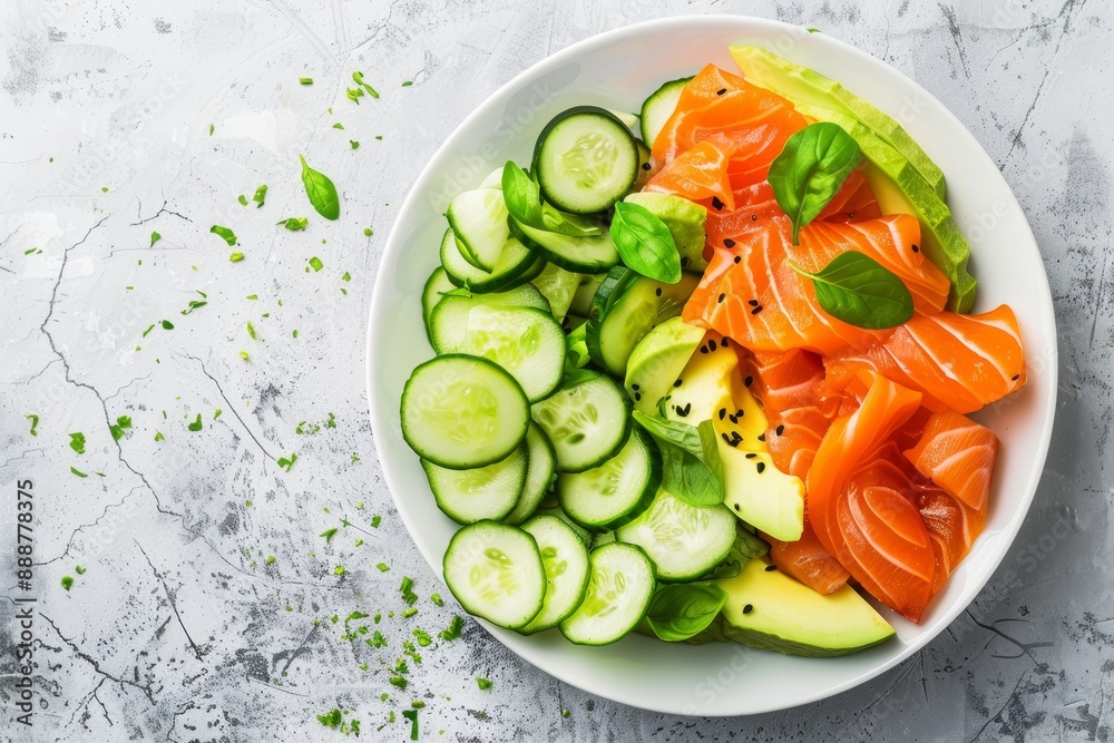 Top view of avocado smoked salmon and cucumber salad on white plate with copy space Top view of avocado smoked salmon and cucumber salad on white plate with copy space
