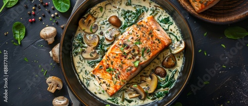 Top view of baked salmon florentine with creamy spinach mushrooms sauce on a dark background