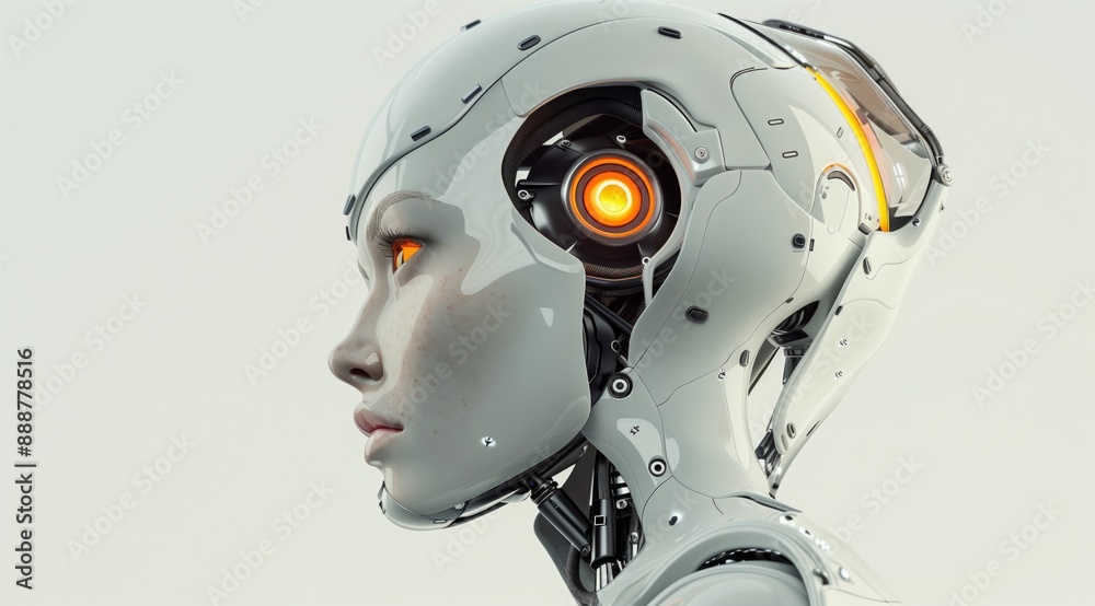 Profile of Futuristic Female Robot with Glowing Eyes in Minimalist Style Profile of Futuristic Female Robot with Glowing Eyes in Minimalist Style