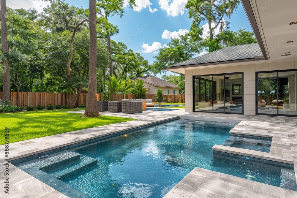 Fototapeta premium Simple rectangular pool and spa design surrounded by light grey paver patio on grassy yard, Spring, Texas, minimalist style, clean lines, and simple geometry.