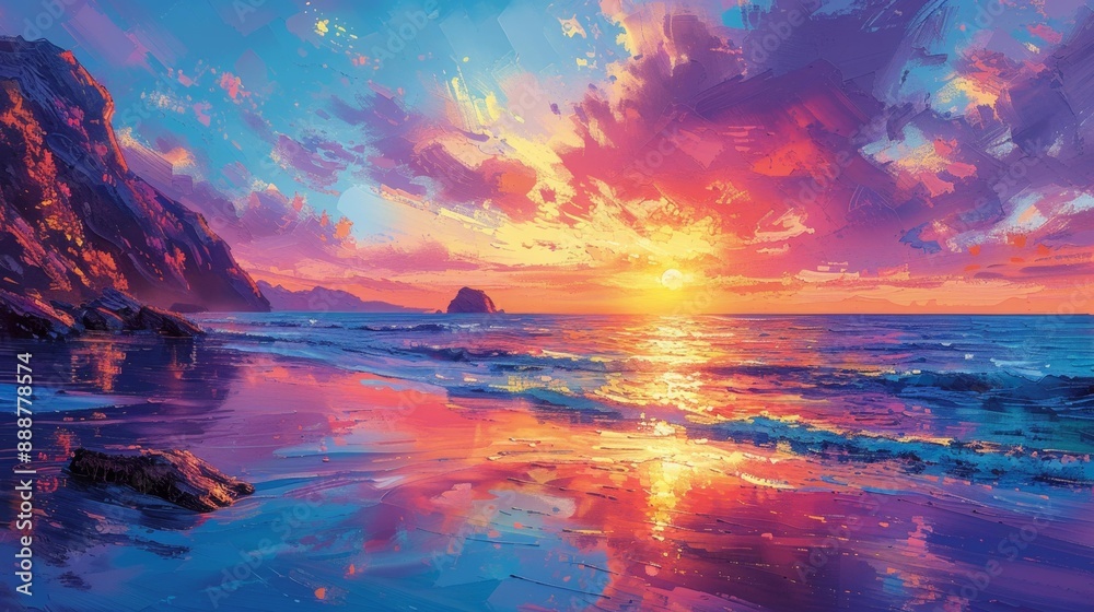 Sunset over ocean at rocky beach - generative ai Sunset over ocean at rocky beach - generative ai