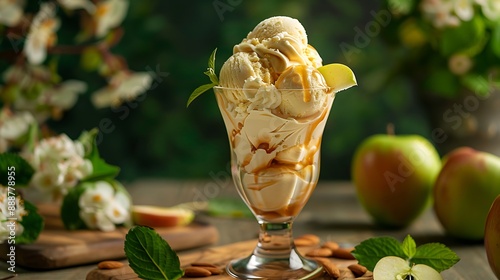 Blend ice cream and apple slices against a backdrop of green fruit in a coke glass