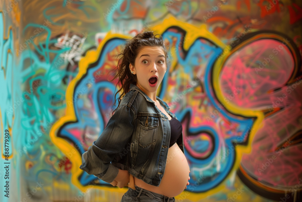 Fototapeta premium Pregnacy motherhood maternity problem concept. Shocked teenager school girl pregnant expecting baby over graffiti background with a happy face. Young mother with big belly taking selfie