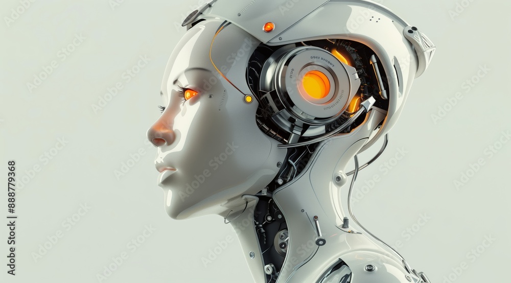 Profile of Futuristic Female Robot with Glowing Eyes in Minimalist Style Profile of Futuristic Female Robot with Glowing Eyes in Minimalist Style