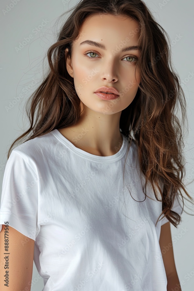 White tshirt mockup on woman model created with Generative AI White tshirt mockup on woman model created with Generative AI