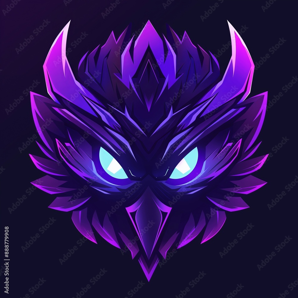 Fototapeta premium Dark Fantasy Illustration of a Glowing Owl with Intense Blue Eyes and Sharp Purple Feathers