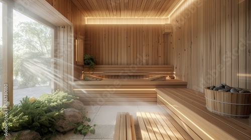 Finnish sauna interior finished with natural light wood