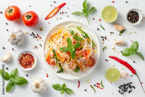 Top view of papaya salad with salted crab tomato lime chili garlic and snake bean on white background Thai cuisine
