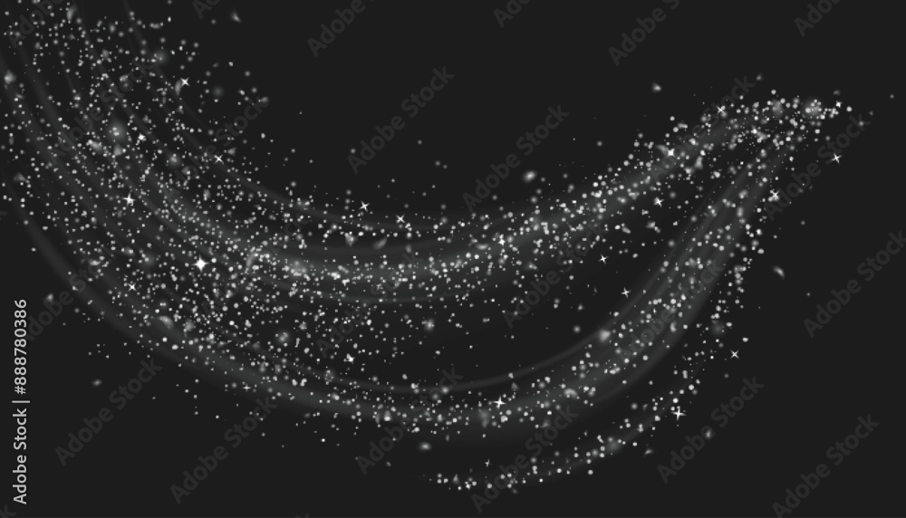 White shimmer with snow and star glitter. Magic dust with wind effect on black background. Can be used as png for Christmas and winter design. Realistic vector snowflake and sparkle texture.