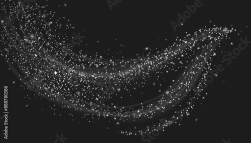 White shimmer with snow and star glitter. Magic dust with wind effect on black background. Can be used as png for Christmas and winter design. Realistic vector snowflake and sparkle texture.