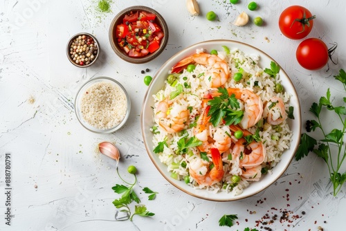 Top view of shrimp vegetables and rice on white background